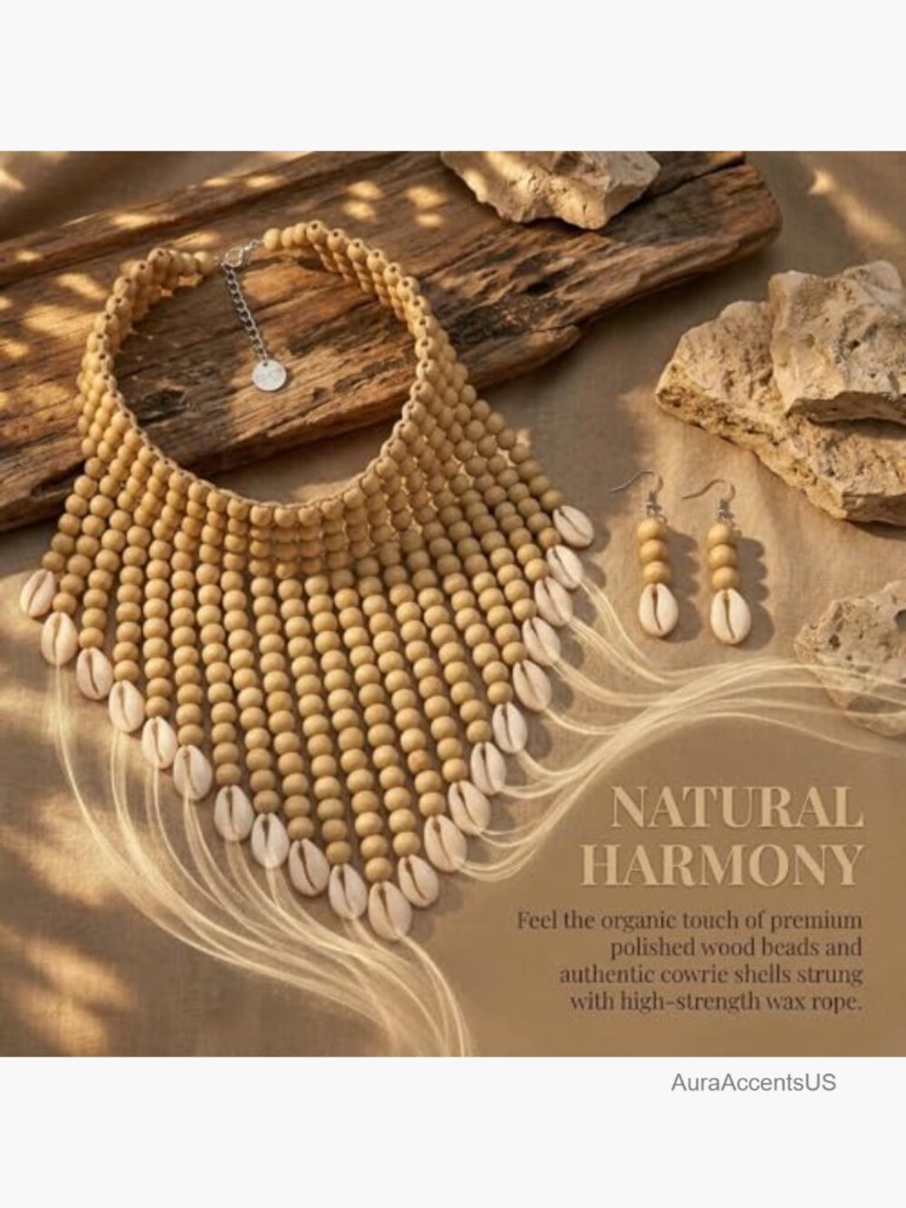 Boho Chunky Wooden Cluster Necklace Statement Layered Strands - Picture 3 of 7